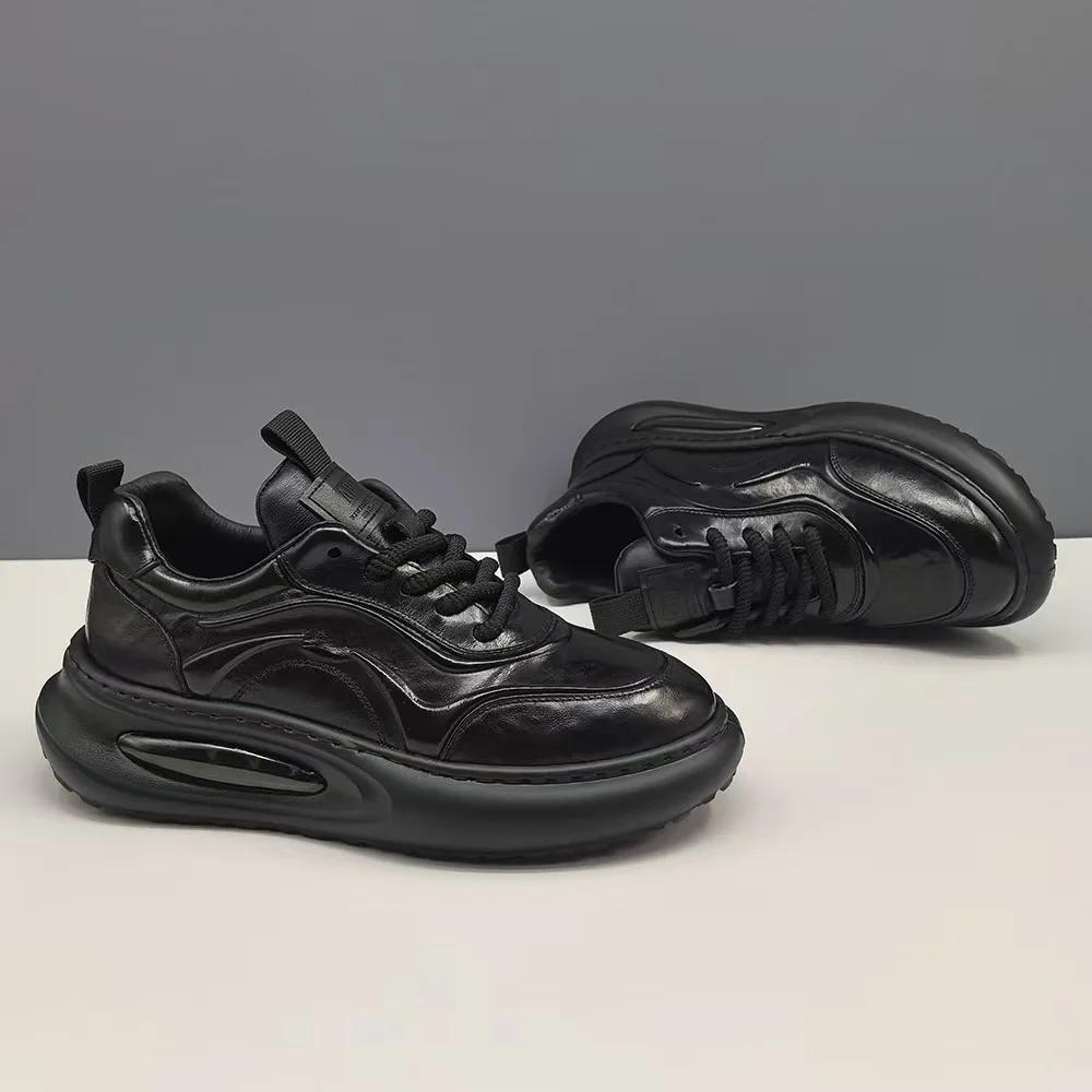 Chaussures décontractées pour homme en cuir véritable Mode Semelle épaisse Sport Augmentant la taille Baskets à lacets cool