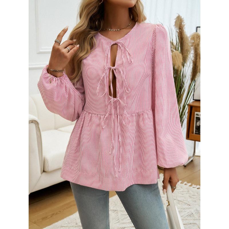 Damen Herbst und Winter Tops Lässig Locker Gestreiftes Hemd Mit Laternenärmeln