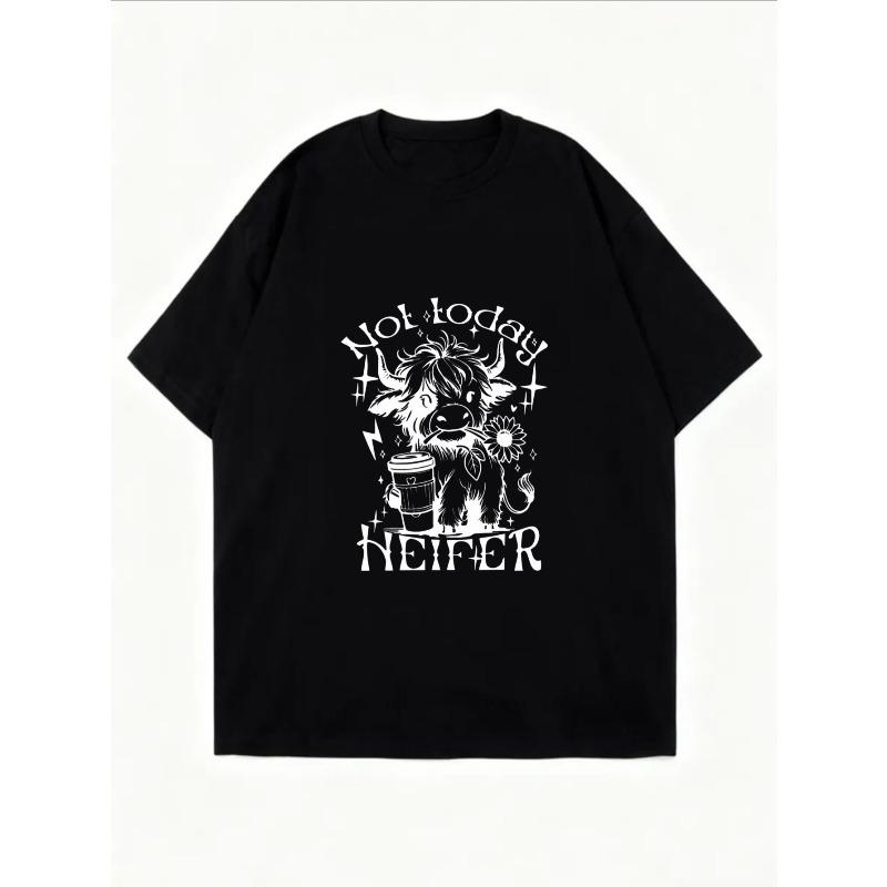 Oversized T Shirt White Cow With Coffee Cup And Not Today Heifer Print Casual Streetwear For Women