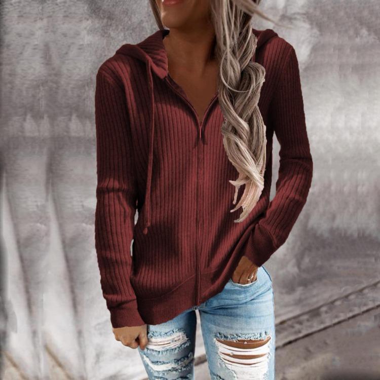 Hooded Women Long Sleeve Cardigan Knitted Zipper Loose Solid Color Sweater Autumn Winter