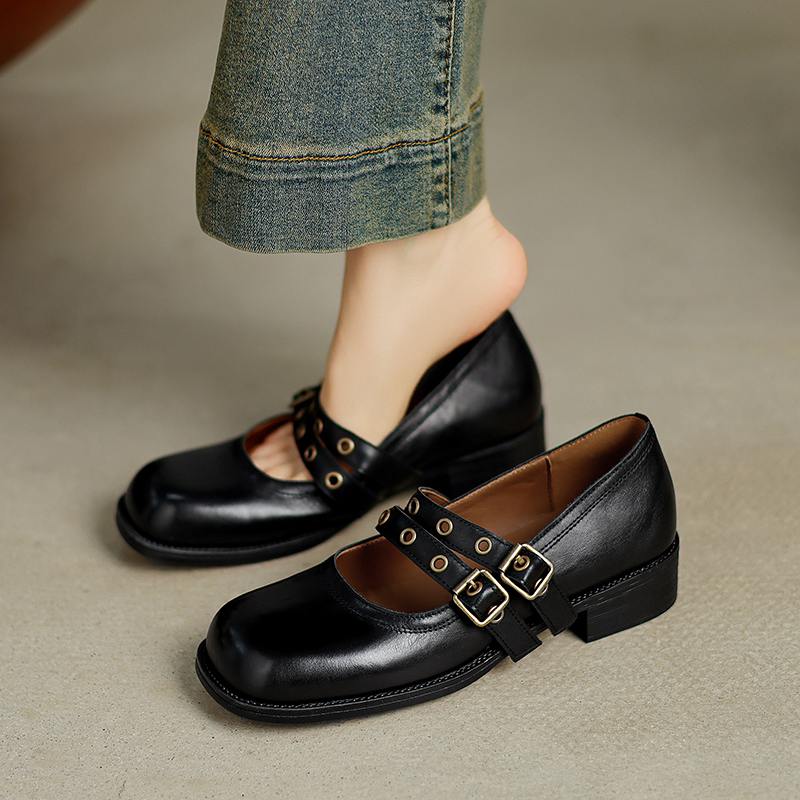 Krazing Pot Cow Skin Spring Summer Size 40 Loafers Thick Med Heels Metal Buckle Women Round Toe Leisure Pumps