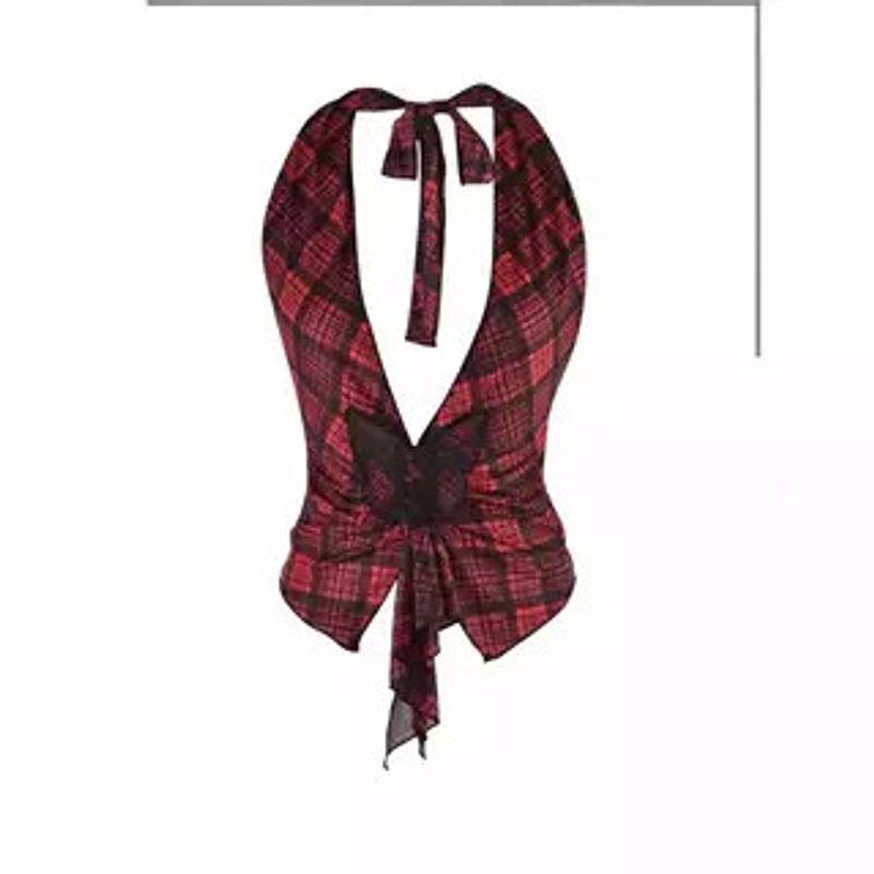 

I. Am. Gia Soft and Comfortable Butterfly Applique Red Plaid Gyaru Hanging Neck Top Slit Skirt sets Top XS