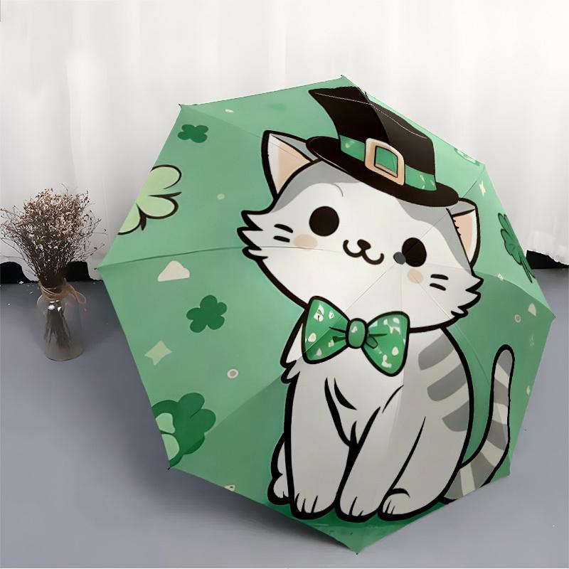 1pc Leprechaun Cat Automatic Folding Umbrella - Compact 8-Rib Design, Durable Plastic & Iron, Lightweight for Outdoor Daily Use140