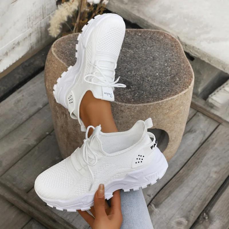 

Fashion Shoes Female 2025 Knitted Women s Vulcanize Shoes Outdoor Solid Women Sneakers Round Toe Lace Up Platform Ladies Casual Shoes 41 белый