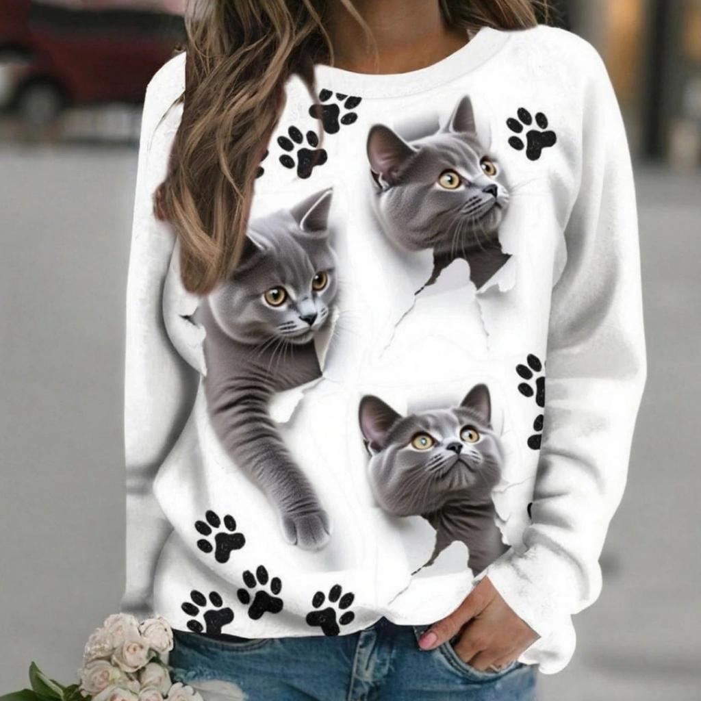 Women's Long-Sleeve T-Shirt Autumn Casual Long-Sleeve T-Shirt Top Funny Cat Print Fashion Plus Size Loose-Fit Women's Clothing