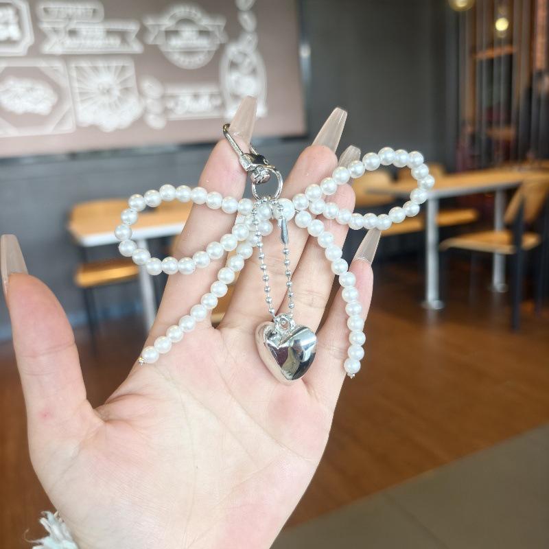 Bowknot Heart Bag Pendant Keychain Beaded Keyring White Pearl Bow Keychain Decoration For Bags Phones Car Korean Accessories