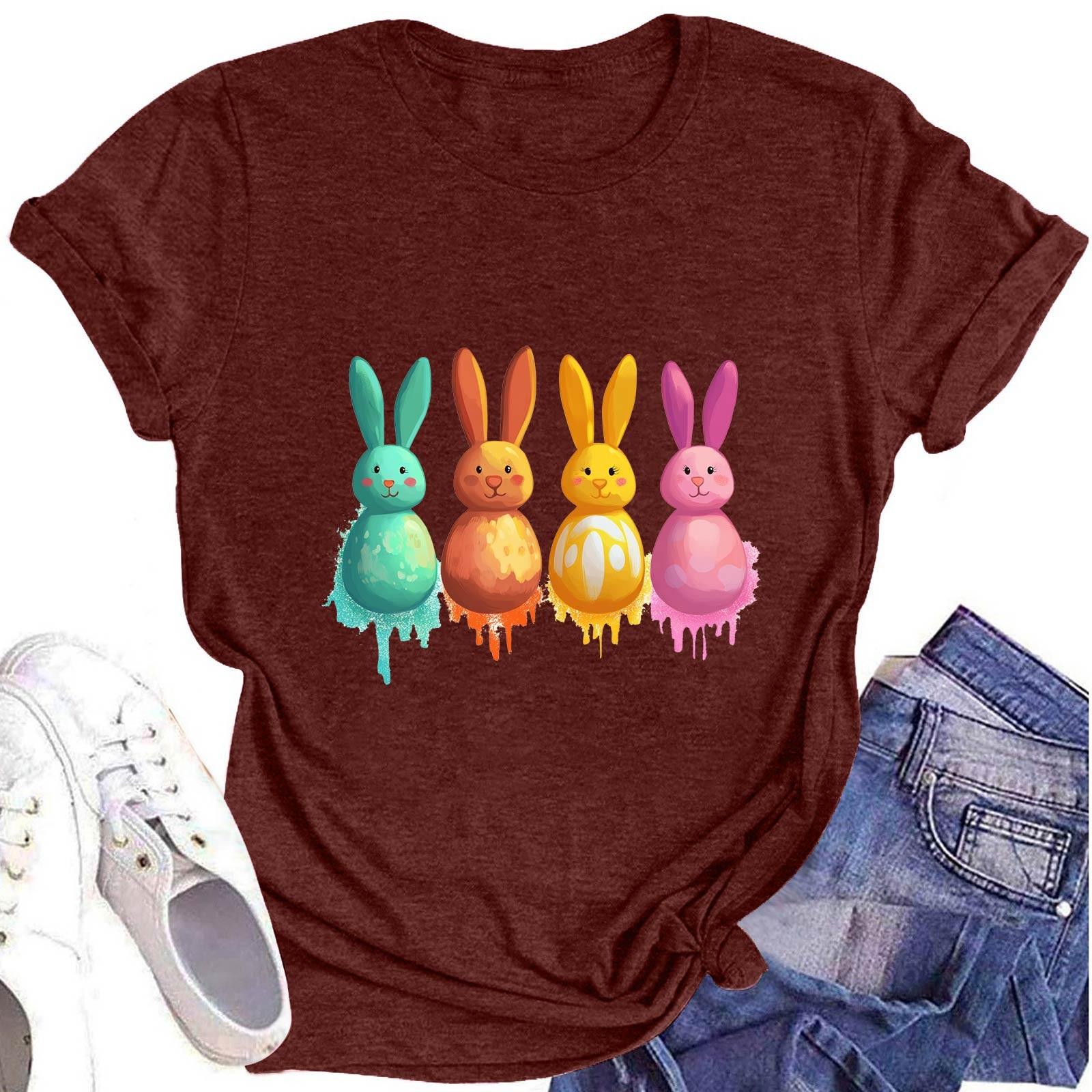 

Women s Fashion Round Neck Short Sleeve T-Shirt Easter Printed Casual Top L винний