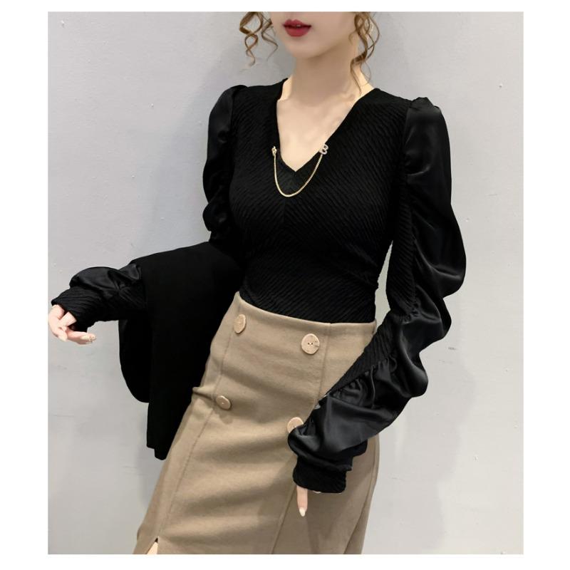 

Корейський зимовий топ з V-подібним вирізом, плісе, з пишними довгими рукавами, універсальний пуловер, футболка для жінок 3XL чорний