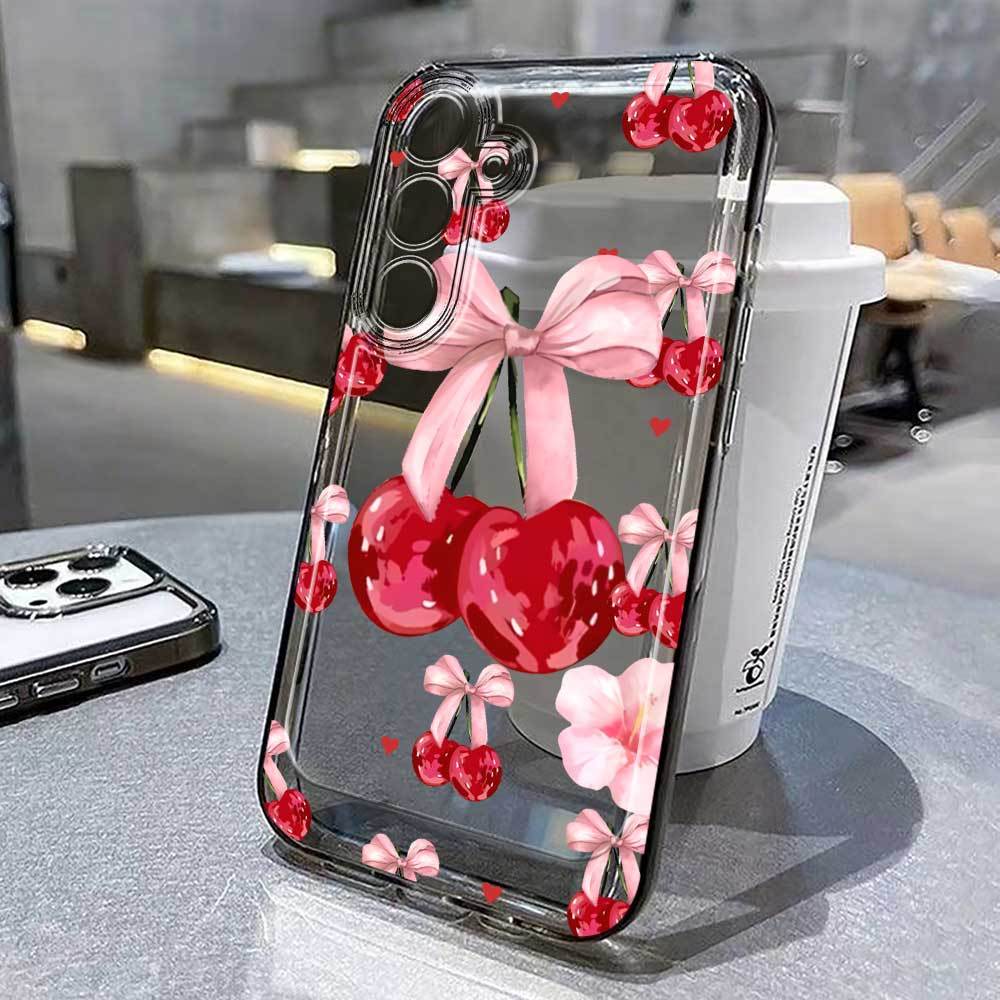 Red bow-shaped cherry pattern TPU transparent phone case suitable for Samsung S26 S25 S24 S23 S22 S21 S20 and other models.