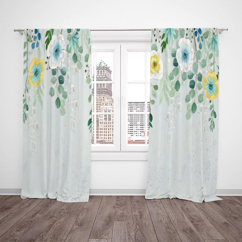 2PCS- Watercolor Flower - Printed Curtain - Polyester Material - Suitable for Bedroom, Living Room, Study, Private Space