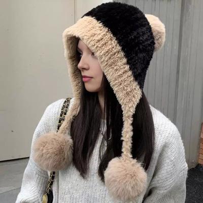 Knitted Hat Solid Color Plush Ball Elastic Construction Breathable Hat Outdoor Adventures Biking Windproof Hat