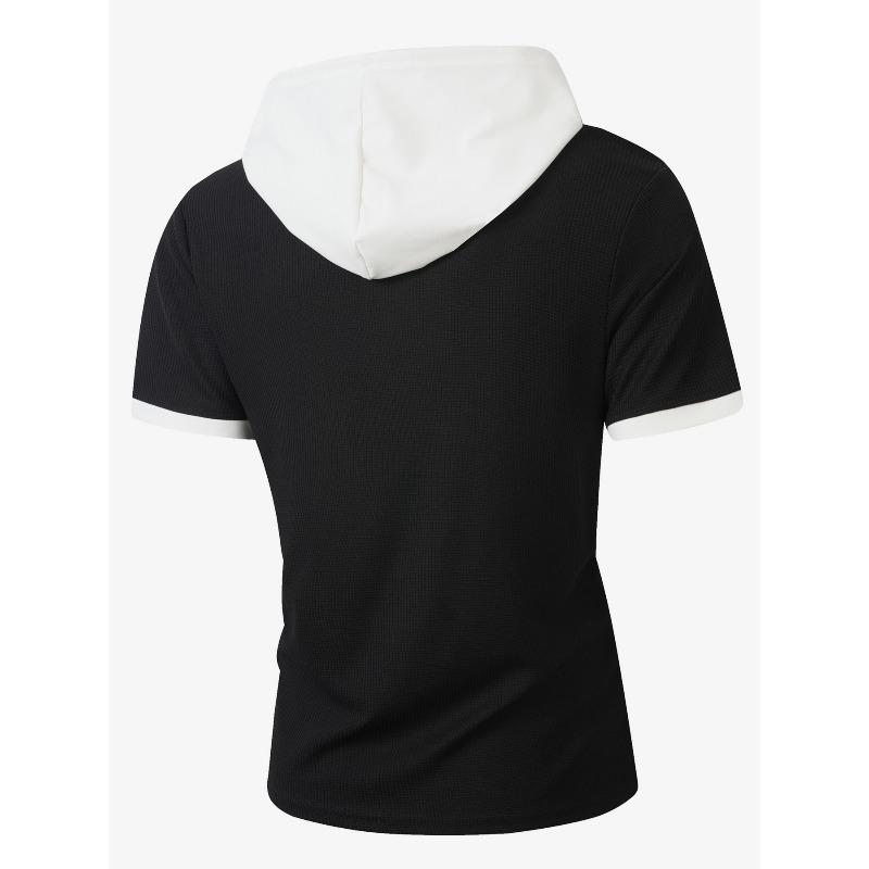 Men's Waffle Knit Color Block Hooded Drawstring Button Short Sleeve T-Shirt.