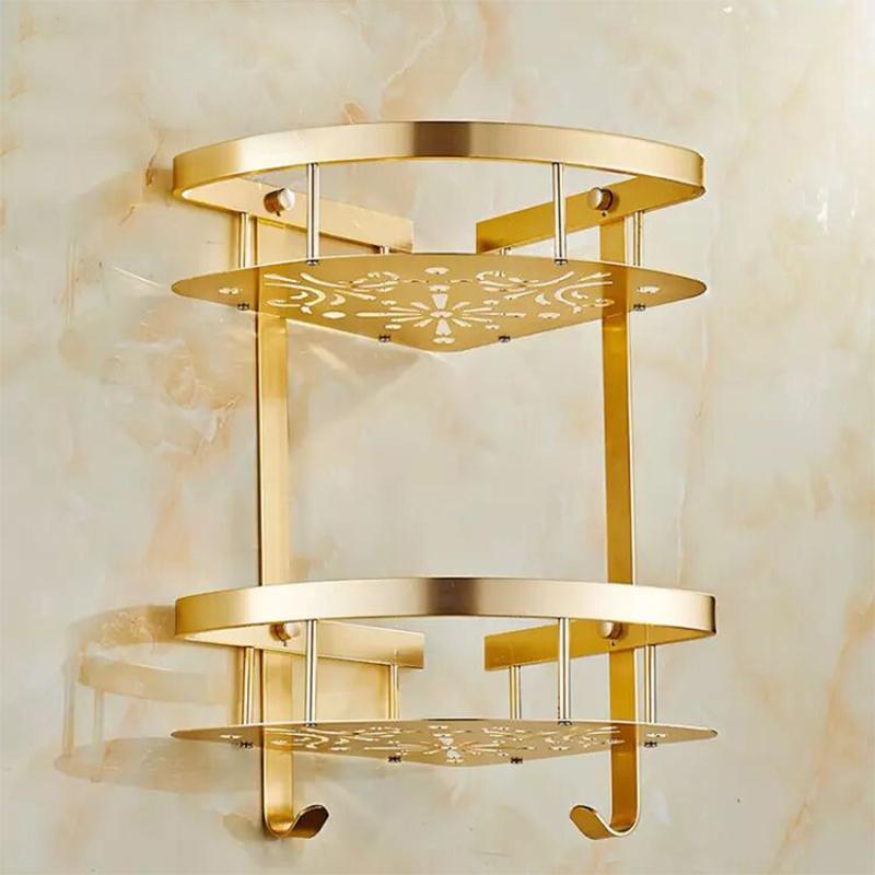 Modern Dual-Tier Aluminum Triangular Basket Wide-Edge Golden Finish Space-Efficient Bathroom Corner Shelf for Efficient