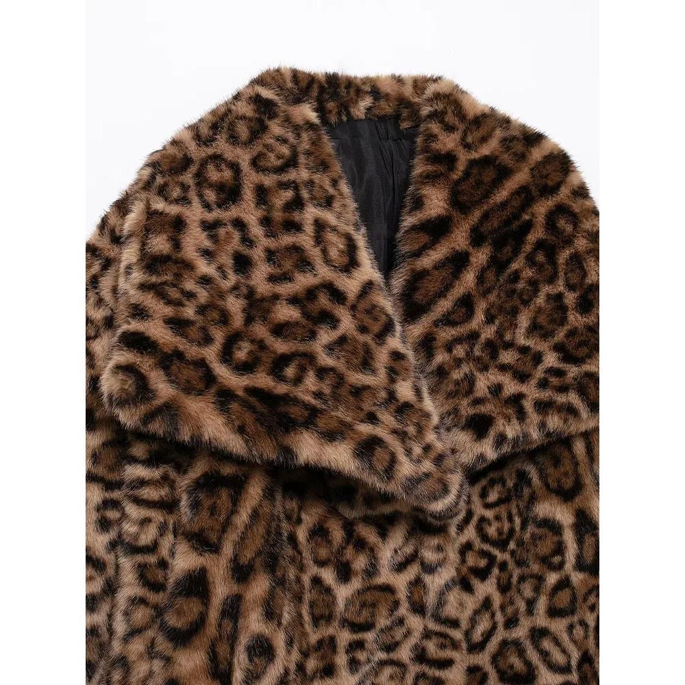 Women Winter Fashion Lazy Style Animal Print Faux Fur Warm Coat All-match Long Sleeve Lapel Coat Outerwear