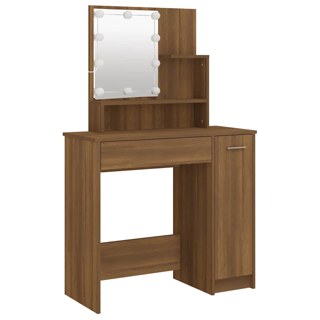 Makeup Table with LED Lights Brown Oak Effect 86.5 x 35 x 136 cm