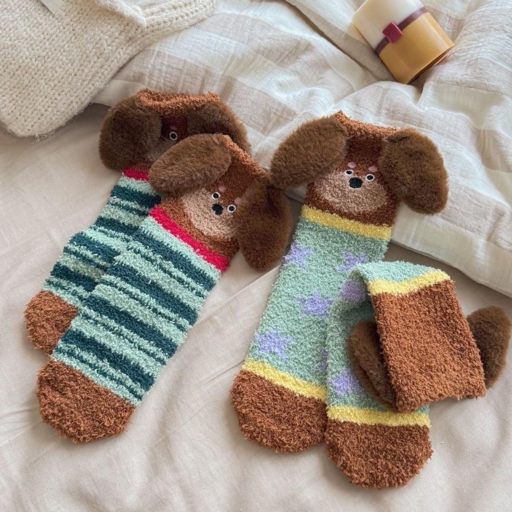 Calzini in pile corallo con orecchie da cucciolo a righe dolci Calzini in velluto ispessiti a pois cane Calzini morbidi caldi per pavimenti Donna