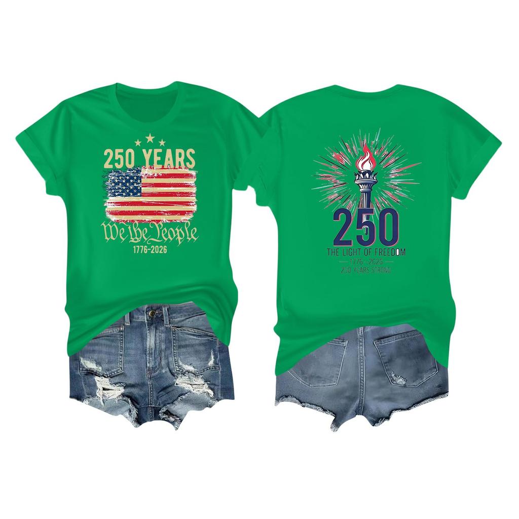 Women's Casual Independence Day 250 Anniversary Printed T-shirt Round Neck Pullover Short Sleeve Top