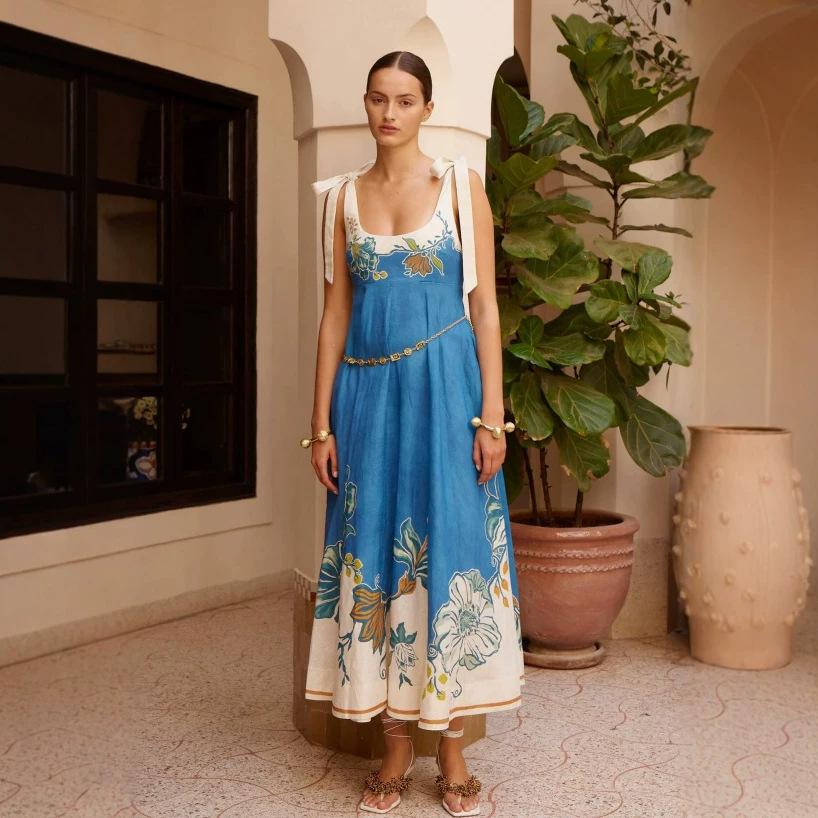 Vintage floral print lace-up suspender skirt long dress 2026 summer new women s bohemian niche dress S
