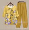 Spring and summer national style bamboo leaf plant printed women's clothing, breathable round neck medium sleeve top, elastic waist loose eight-point