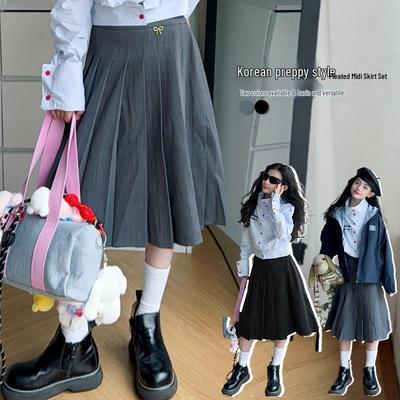 2025 Girls' Mid-Length Pleated Skirt with Bow & Metal Logo - Spring & Autumn Wear