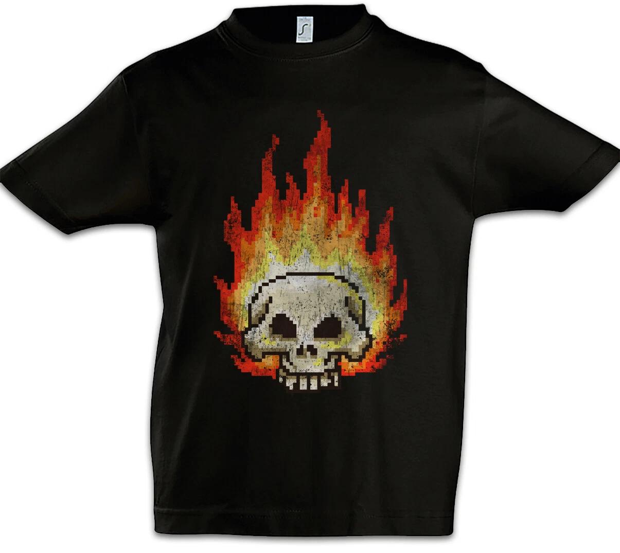 Pixel Burning Skull Kids Boys T-Shirt Geek Nerd Gaming Gamer Fun Retro Skulls 100