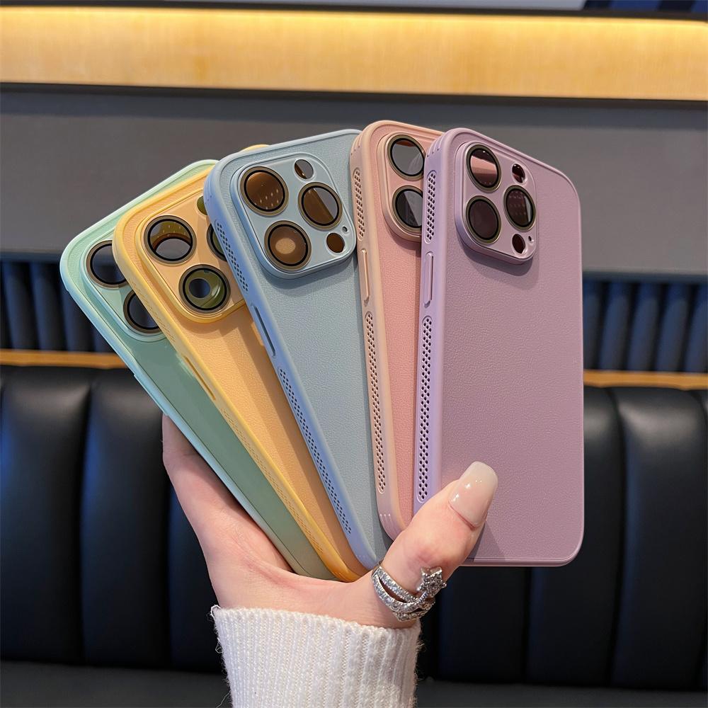 Luxusní kožený chladicí kryt na telefon se vzorem liči pro iPhone 15 14 13 12 Pro Max, ochrana objektivu, odvod tepla, kryt rámečku