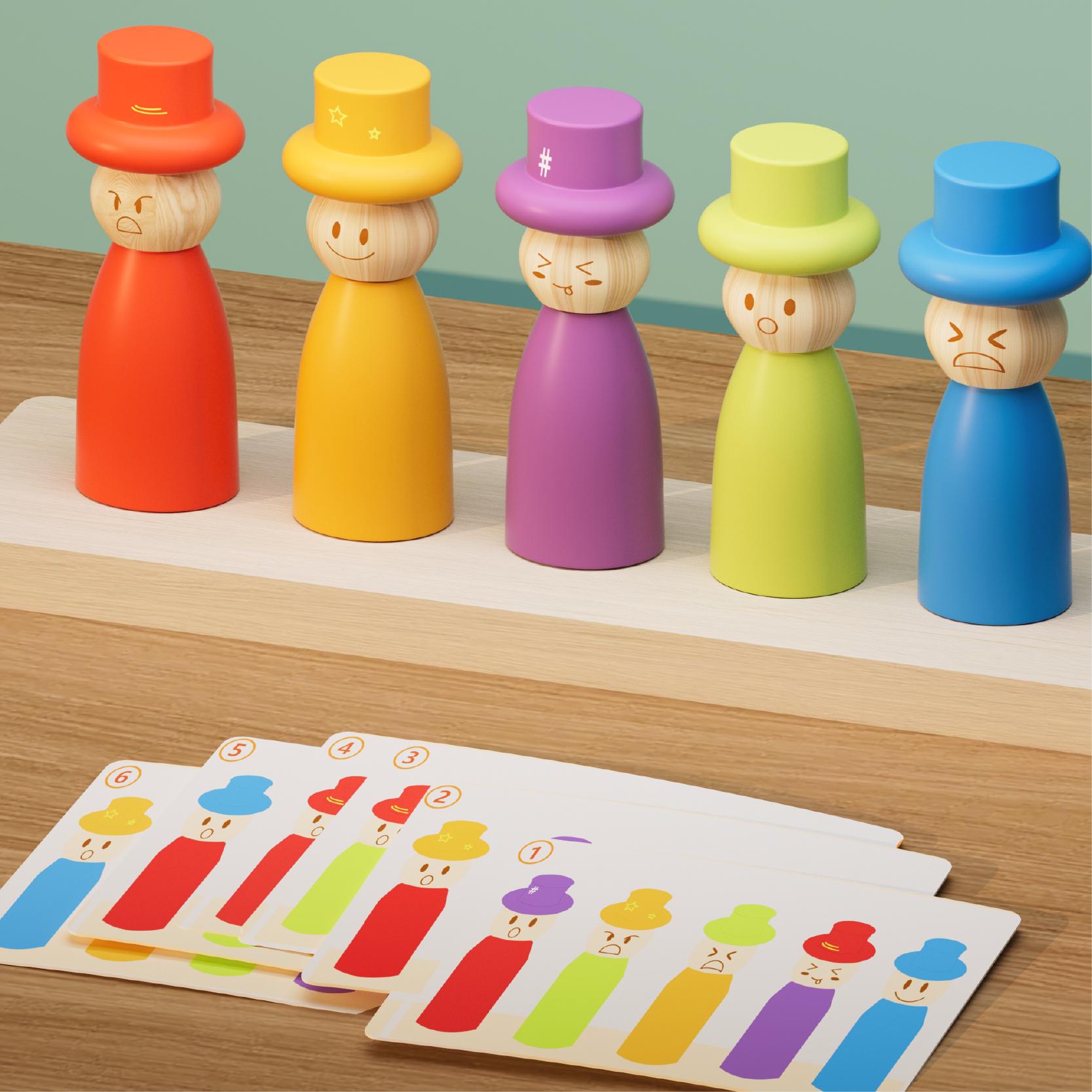 

Puppet Color Matching Game - 5 Removable Hat Doll Toys With Challenge Cards Recognize Colors Develop Fine Motor Skills