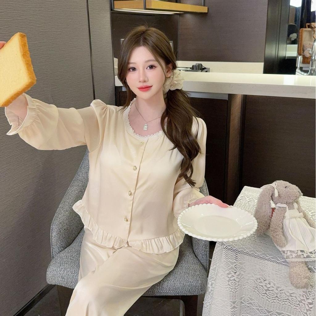 Spring and summer ice silk long-sleeved trousers ice and snow silk pajamas set solid color simple atmospheric lace loungewear can be worn outside