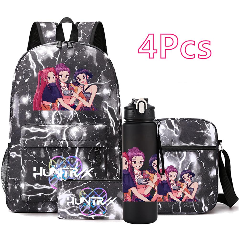 4Pcs/set Cartoon K-pop Printed Backpack Large Capacity Bookbag Shoulder Bag Case Bag with 750ml Water Bottler Boy Girl School Bag Kid Gift