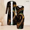 Women Plus Size Printed Two Piece Set Long Sleeve Open Front Cardigan Sleeveless Bodycon Dress