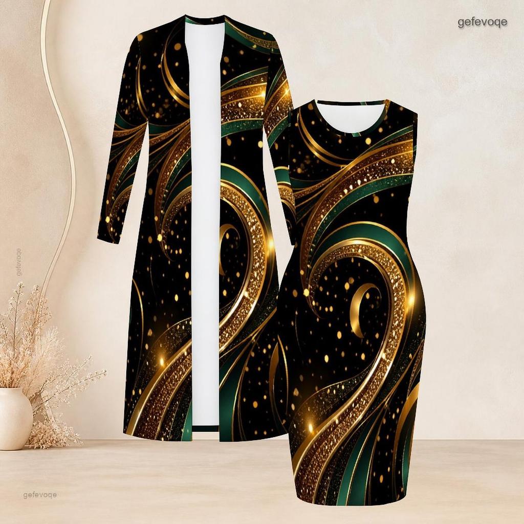 Women Plus Size Printed Two Piece Set Long Sleeve Open Front Cardigan Sleeveless Bodycon Dress