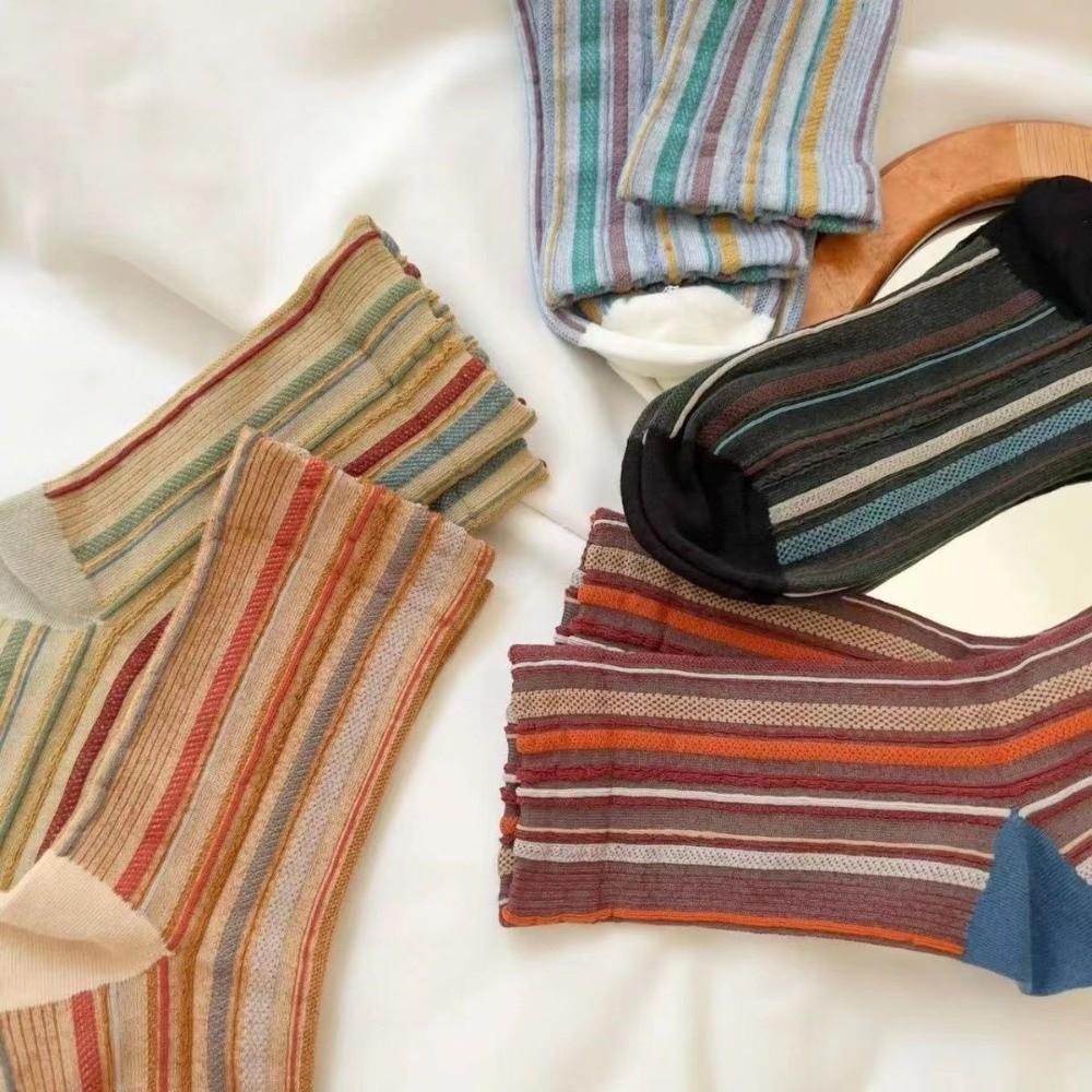 5 Pair Retro Harajuku Socks Korean Style Mid-calf Socks Fashion Striped Socks  for Women
