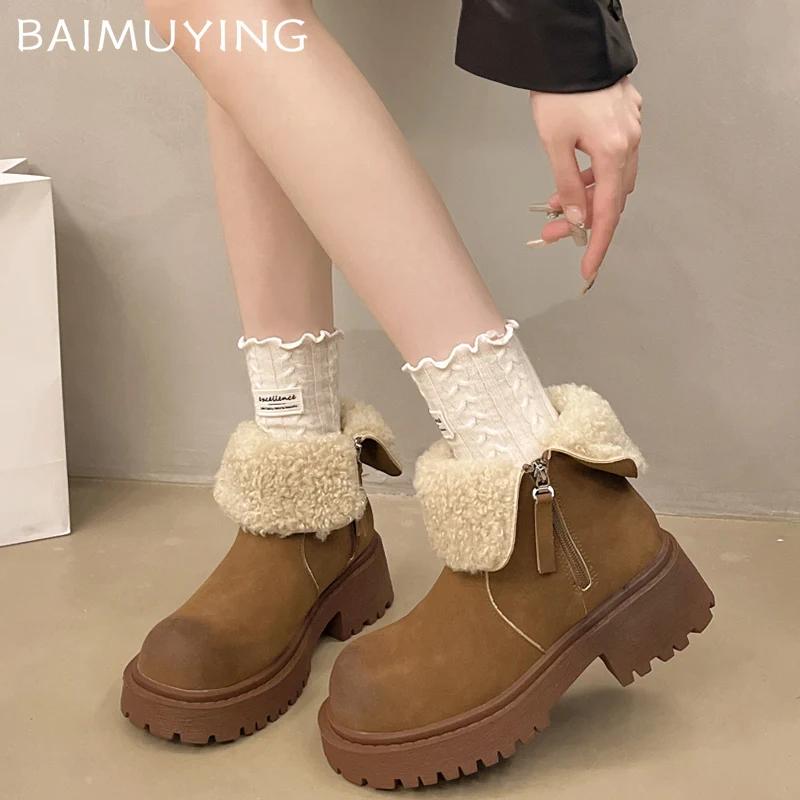 Fur Women Snow Ankle Boots Suede Mid Heels Short Plush Cotton Shoes 2025 Trend Winter Chunky Pumps Warm Casual Botas De Mujer
