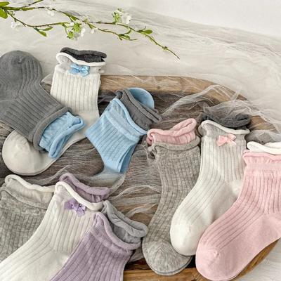 3 Paar/Set Koreanische Mode INS Kinder Mädchen Socken Schlichtheit einfarbig Schleifenrüschen Socken Weiche Baumwolle Atmungsaktive Sommer Schulsocken