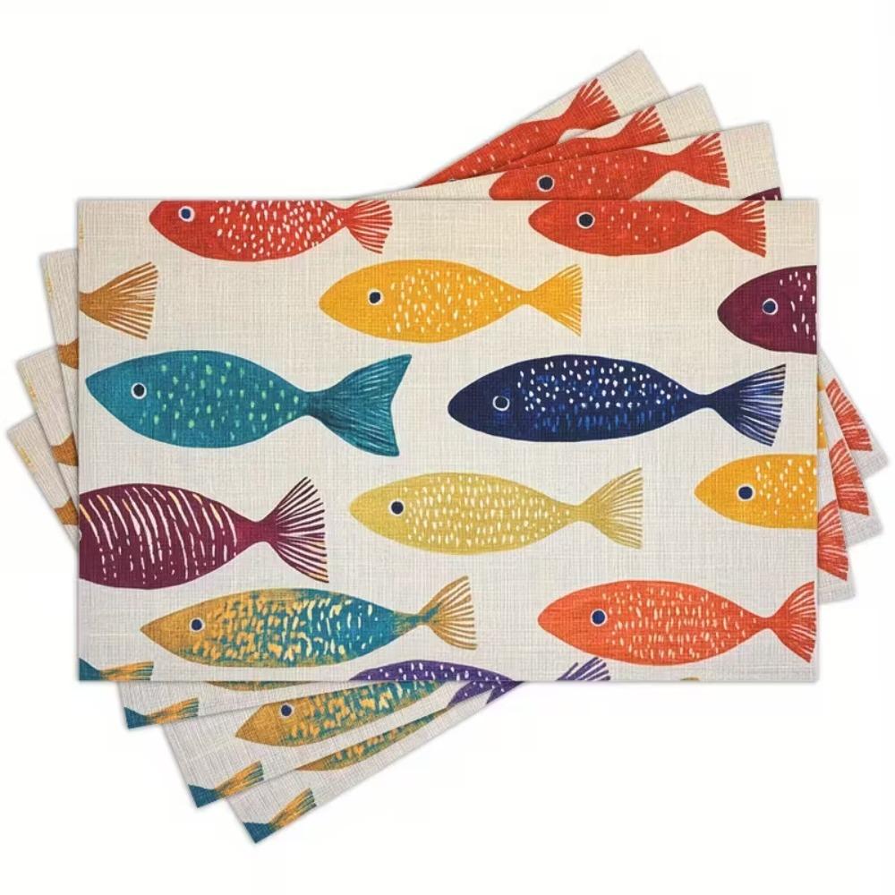 4PCS Linen-like Texture Fish Pattern Place Mat Non-Slip Heat Insulation Pad Table Mat  Table Decor Style A