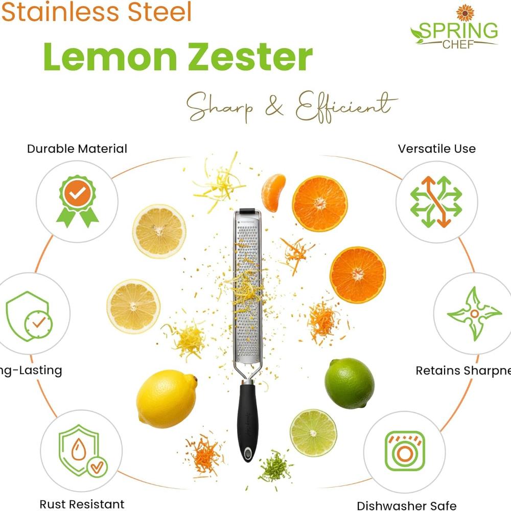 Stainless Steel Lemon Zester Grater with Handle - Garlic, Cheese, Parmesan, Nutmeg, Lime, Ginger Grater - Heavy Duty Kitchen Tool