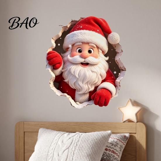 Holiday Wall Stickers for Cabinets 3D Christmas Santa Claus Stickers, Self Adhesive PVC Decals with Realistic Breaking Festive Murals Bedroom Effect,