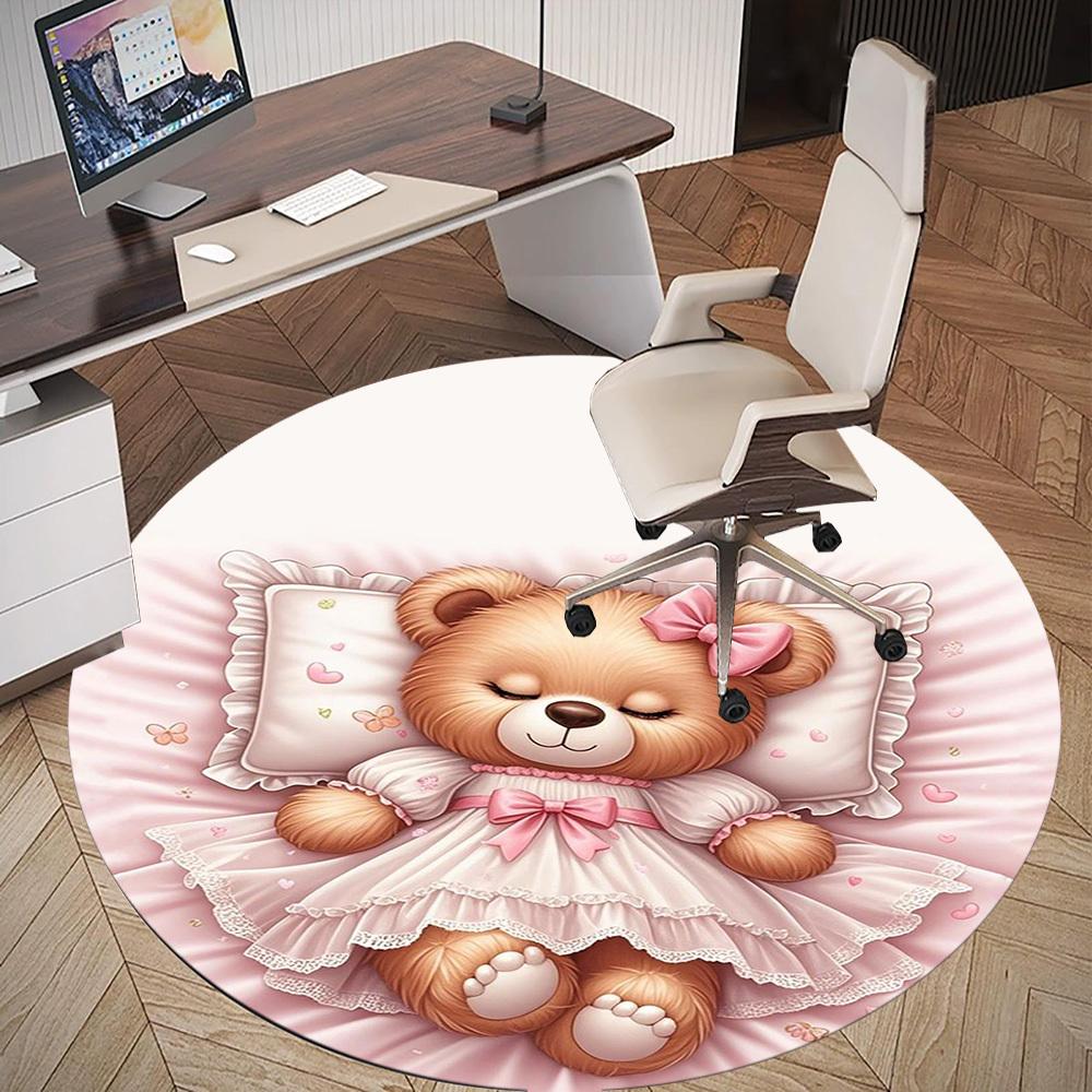 1PC Teddy Bear Pink Dress Sleep Round Chair Mat Area Rug - Non-Slip, Floor Mat for Office, Bedroom, Home Decor Christmas Gift C0528108