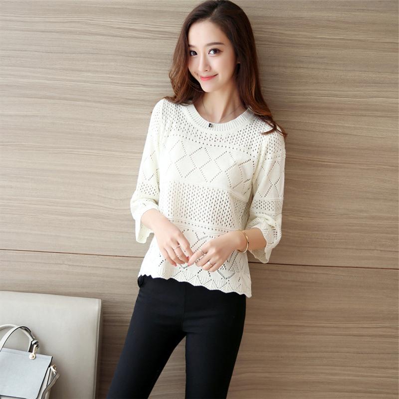 În primăvară și vară Pulover scobit nou din tricot Jachetă de damă cu secțiune subțire cu gât rotund Îmbrăcăminte linie largi Cămașă cu mânecă de șapte minute