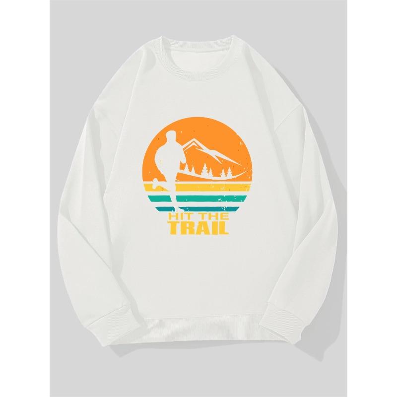 Men's Trail-Themed Casual Sweatshirt - Oversized Round Neck Sweater, Machine Washable Solid Color Pullover for Outdoor & Casual Attire