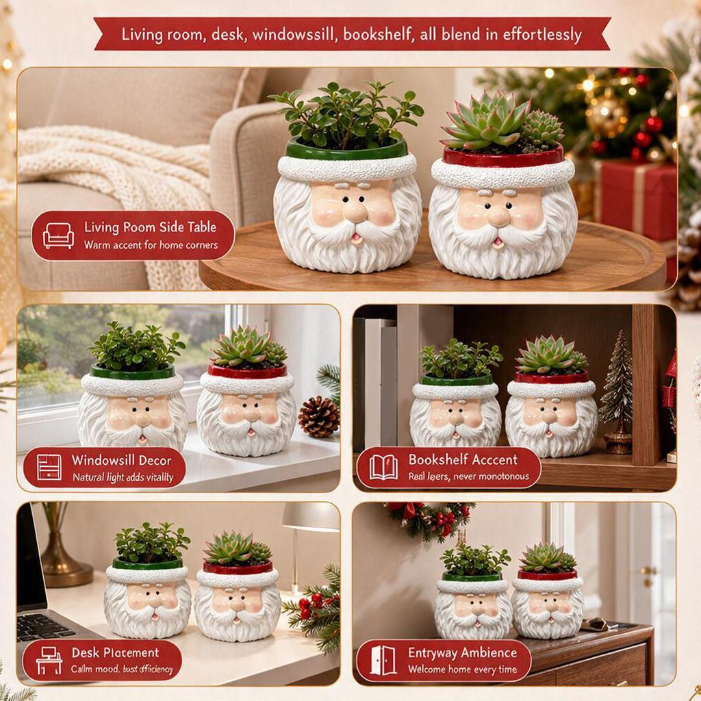 Christmas Santa Claus Face Mini Resin Planter Festive Holiday Succulent Pot Desktop Decor Gift