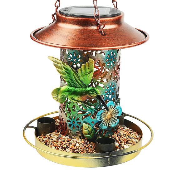 Bird Feeder with Light Hollow Pattern Design Solar Powered Hummingbird Food Holder Lantern Light Garden Decoration