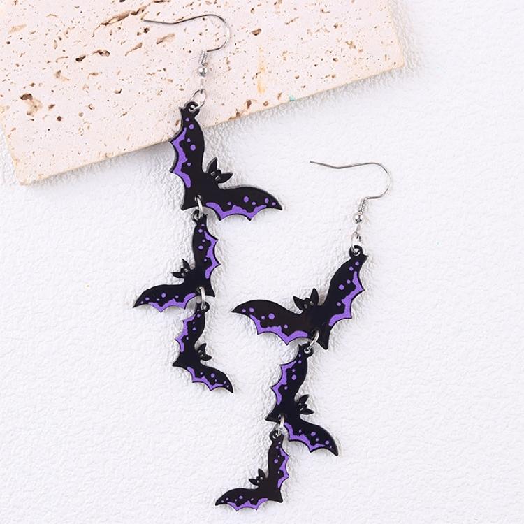 Fish Hook Bat Dangle Earrings Acrylic Pair for Spooky Season Styling, Halloween Costumes and Party Photo Looks