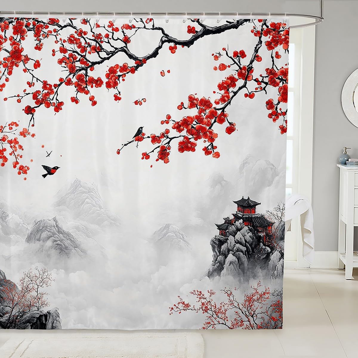 

Feelyou Japanese Wave Bath Curtain For Boys Girls Fuji Mountain Shower Curtain Waterproof Japanese Style Bathroom Shower Curtain W60H190(CM)-1 Pcs
