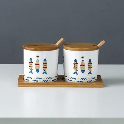 Kitchen seasoning tools ceramic seasoning jar set marble pattern cruet bamboo tray kitchen supplies seasoning box salt shaker