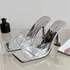 Fashion Elegant Transparent PVC Women Slippers Fashion Red Silver Slide Sandals Summer Sexy Square Toe High Heels Cozy Party Slippers