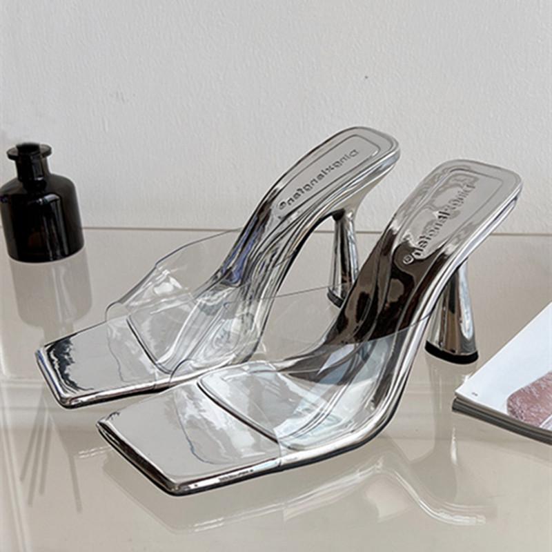 Fashion Elegant Transparent PVC Women Slippers Fashion Red Silver Slide Sandals Summer Sexy Square Toe High Heels Cozy Party Slippers