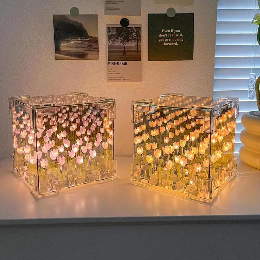 Blossom Box, Tulips Luminous Garden, Handmade DIY Magic Cube Tulips Flower Night Light Tulips Mirror Lamp Creative Gifts for Girl Women Friends