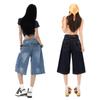 Damen High Waist Weites Bein Lockerer Schnitt Cropped Jeans Caprihose Denim Hose
