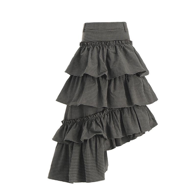 Orange Silk Women s Retro Plaid Irregular Skirt - Vintage Long Cake Skirt Design Small